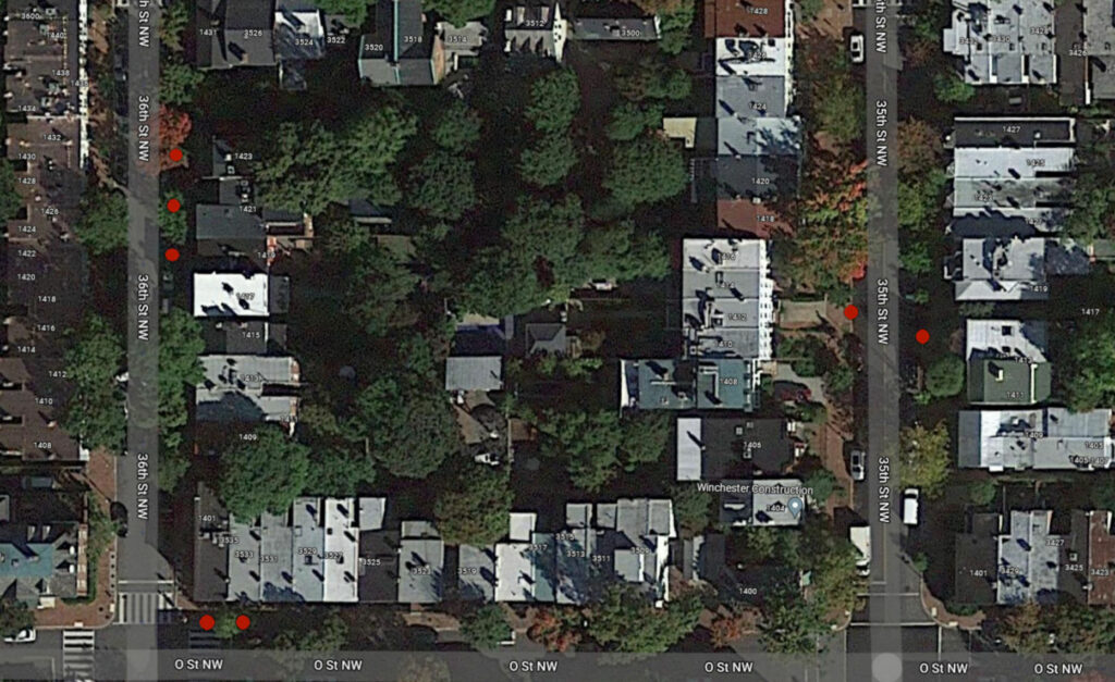 aerial view of some Daniel Kane owned houses in Georgetown, NW, Washington D.C.